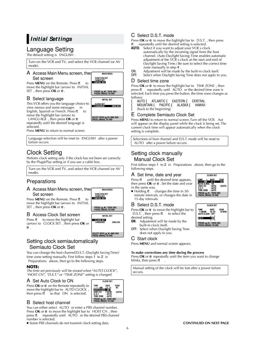 JVC HR-S2902U manual Initial Settings, Language Setting, Clock Setting 