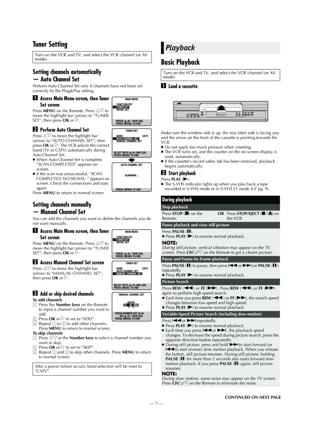 JVC HR-S2902U manual Tuner Setting, Basic Playback, Setting channels automatically Auto Channel Set 