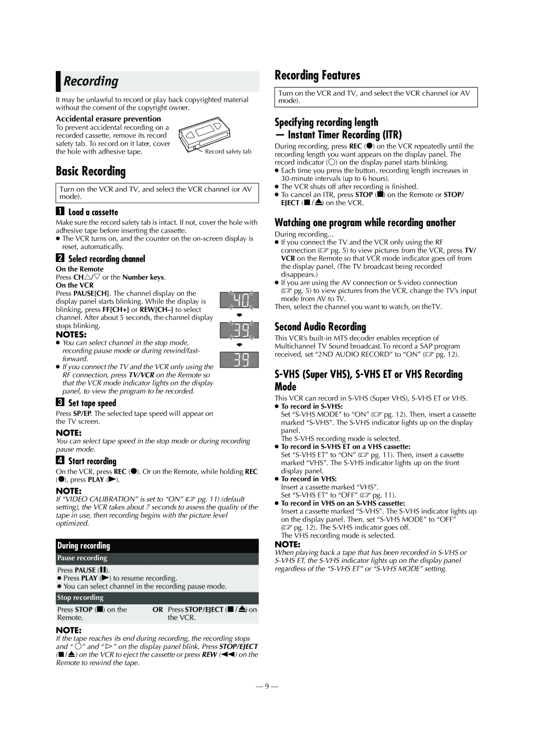 JVC HR-S2902U manual Basic Recording, Recording Features 