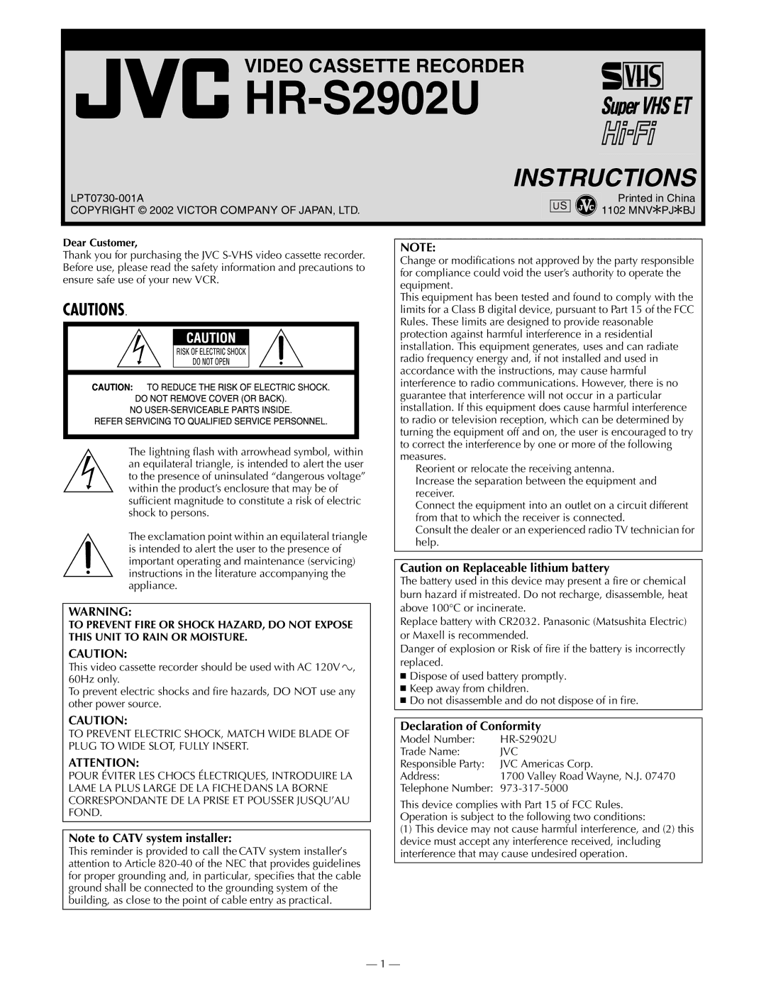 JVC manual Dear Customer, Model Number HR-S2902U Trade Name, JVC Americas Corp, Address 