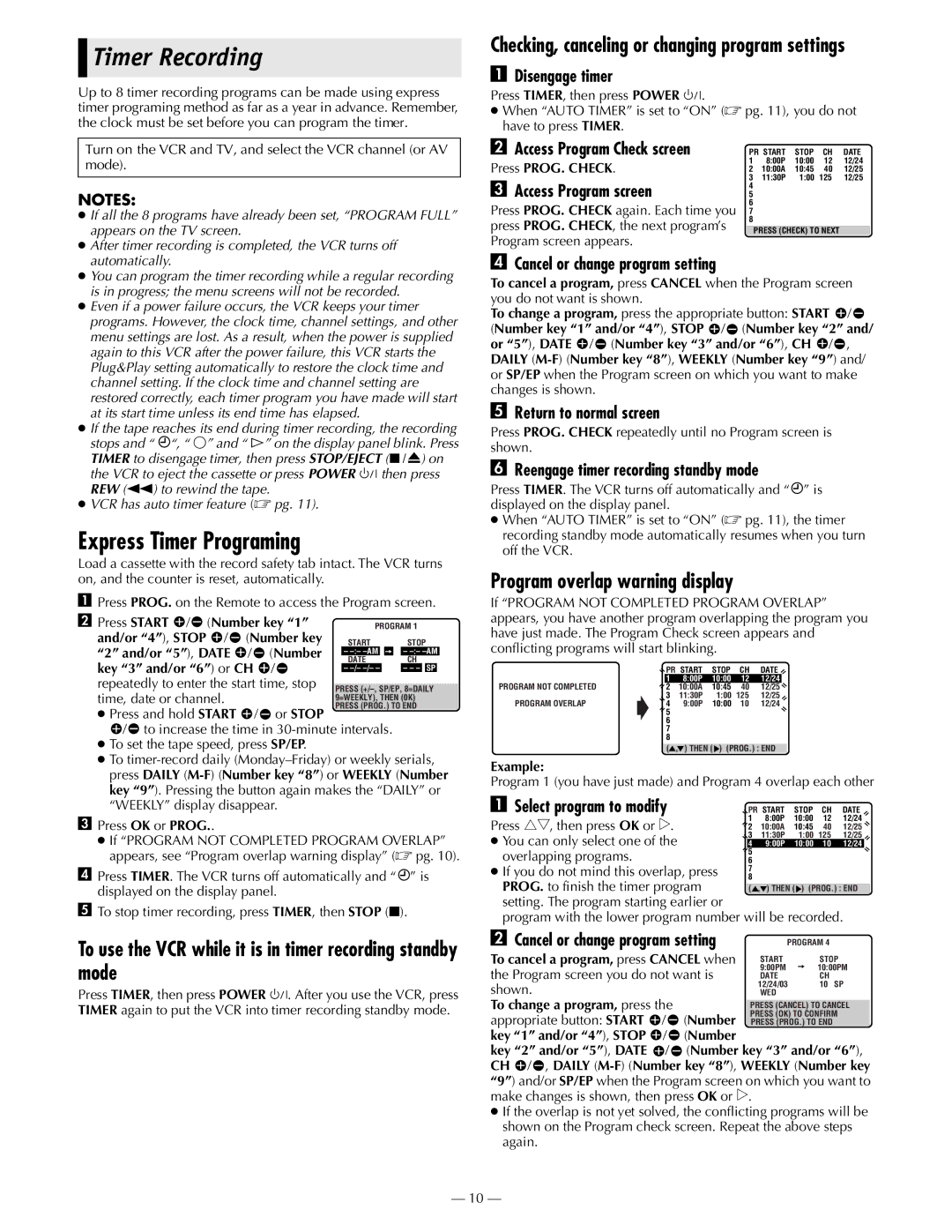 JVC HR-S2902U manual Timer Recording, Express Timer Programing, To use the VCR while it is in timer recording standby mode 