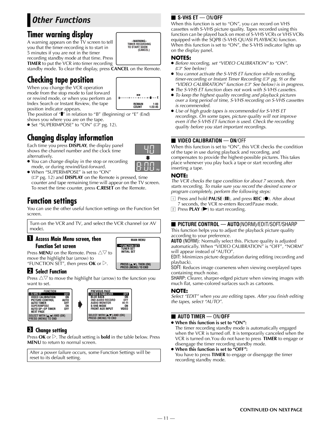 JVC HR-S2902U manual Other Functions, Timer warning display, Checking tape position, Changing display information 