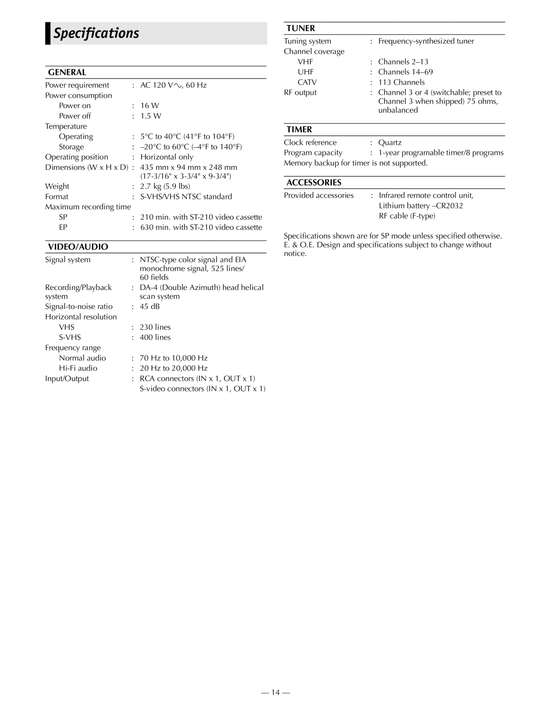 JVC HR-S2902U manual Specifications 