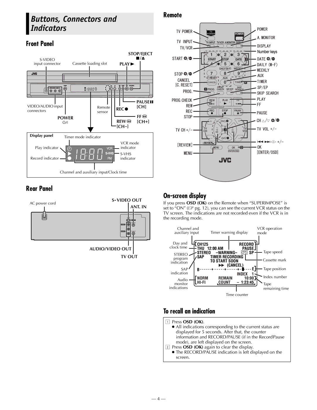 JVC HR-S2902U manual Buttons, Connectors and Indicators, Remote Front Panel, Rear Panel, On-screen display 