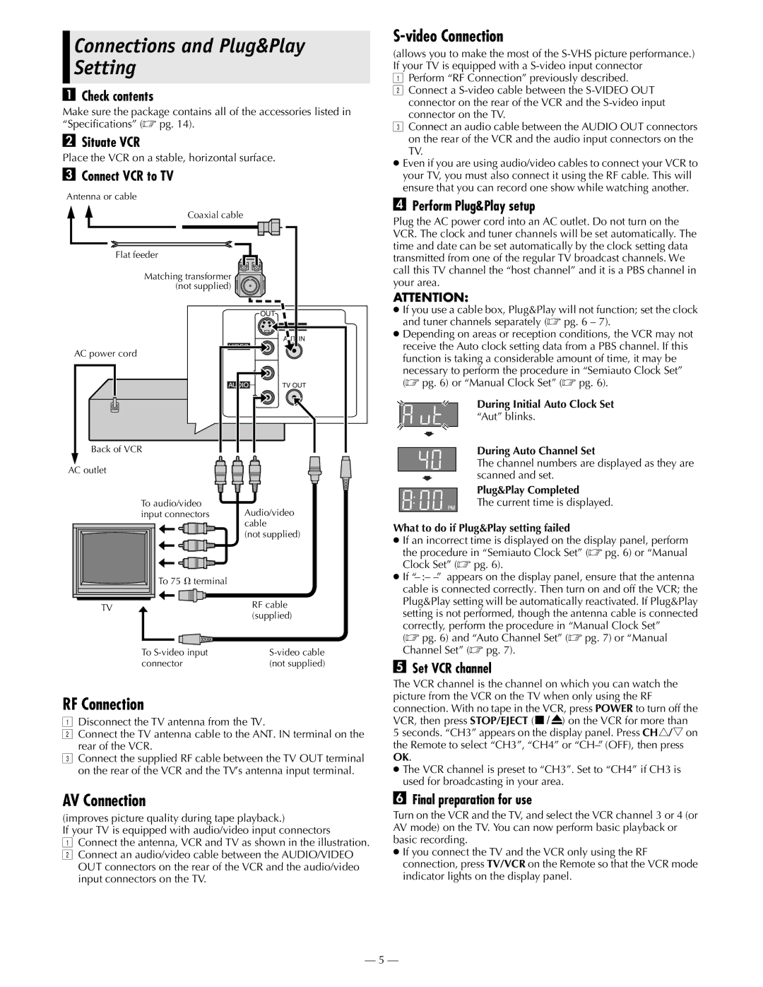 JVC HR-S2902U manual Connections and Plug&Play Setting, RF Connection, AV Connection, Video Connection 