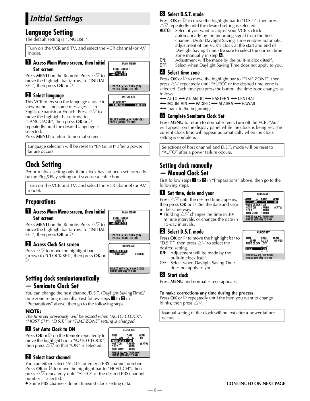 JVC HR-S2902U manual Initial Settings, Language Setting, Clock Setting 