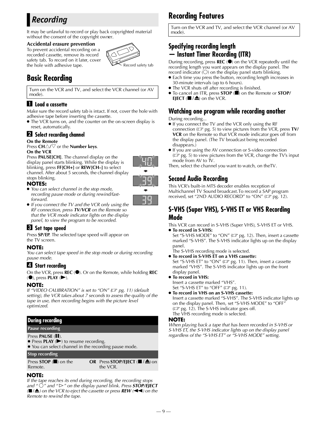 JVC HR-S2902U manual Basic Recording, Recording Features 