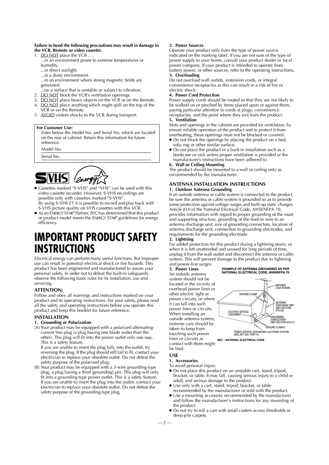 JVC HR-S2902U Antenna Installation Instructions, Important Product Safety Instructions, For Customer Use, Overloading 