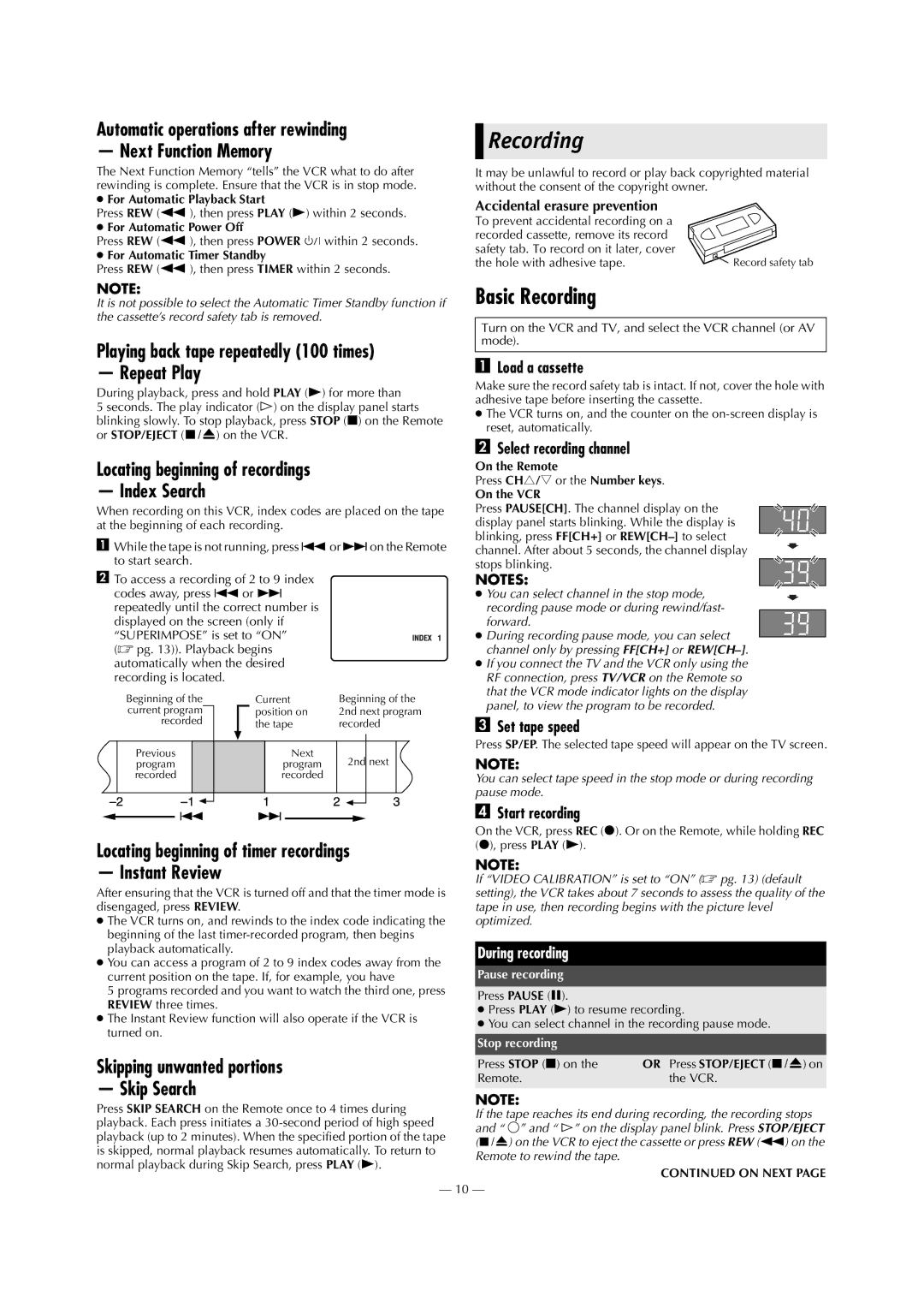 JVC HR-S2913U specifications Basic Recording 