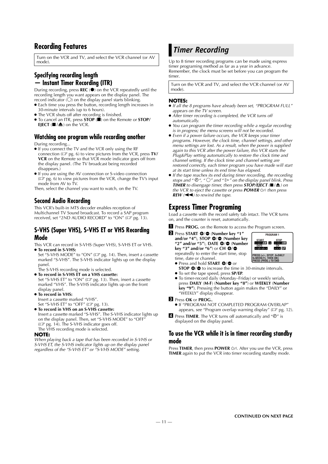 JVC HR-S2913U specifications Timer Recording, Recording Features, Express Timer Programing 