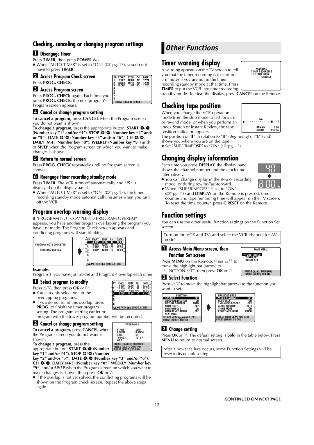 JVC HR-S2913U specifications Other Functions, Timer warning display, Checking tape position, Changing display information 