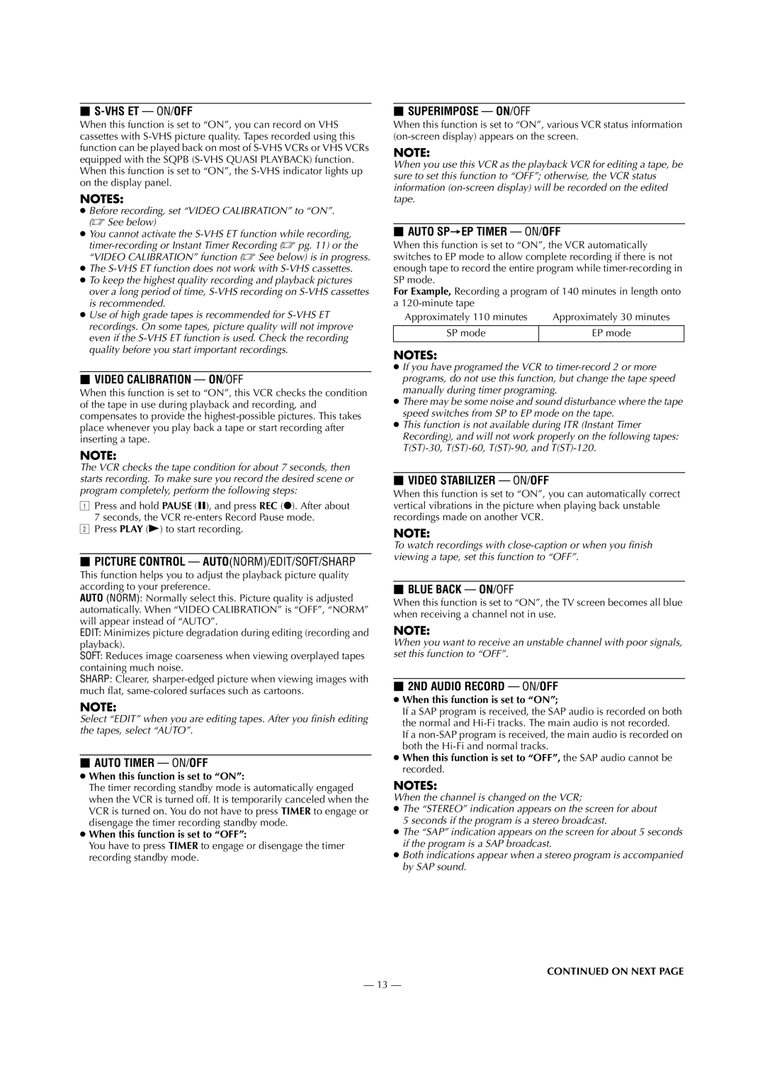 JVC HR-S2913U specifications When this function is set to on, When this function is set to OFF 