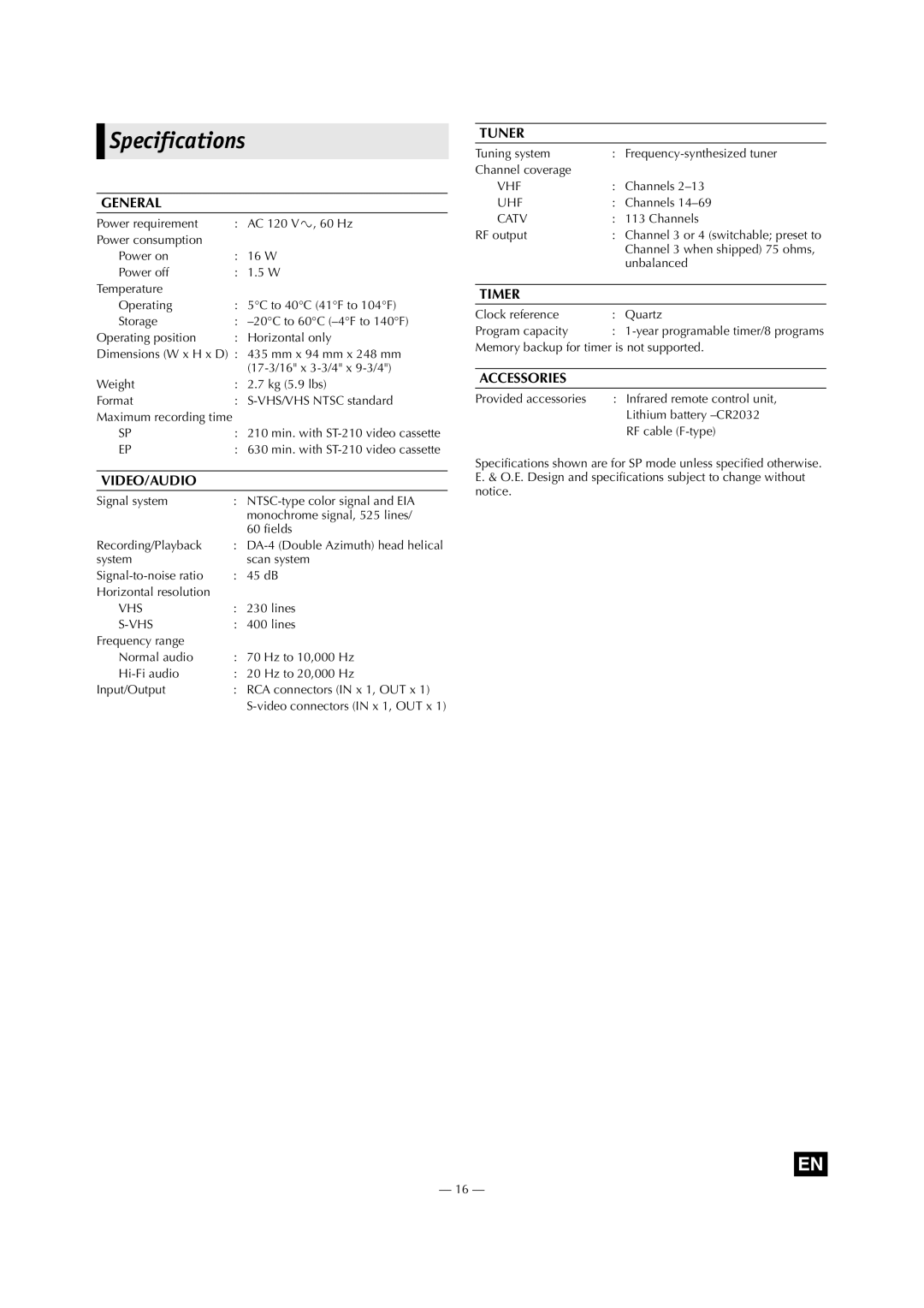 JVC HR-S2913U specifications Specifications, General 