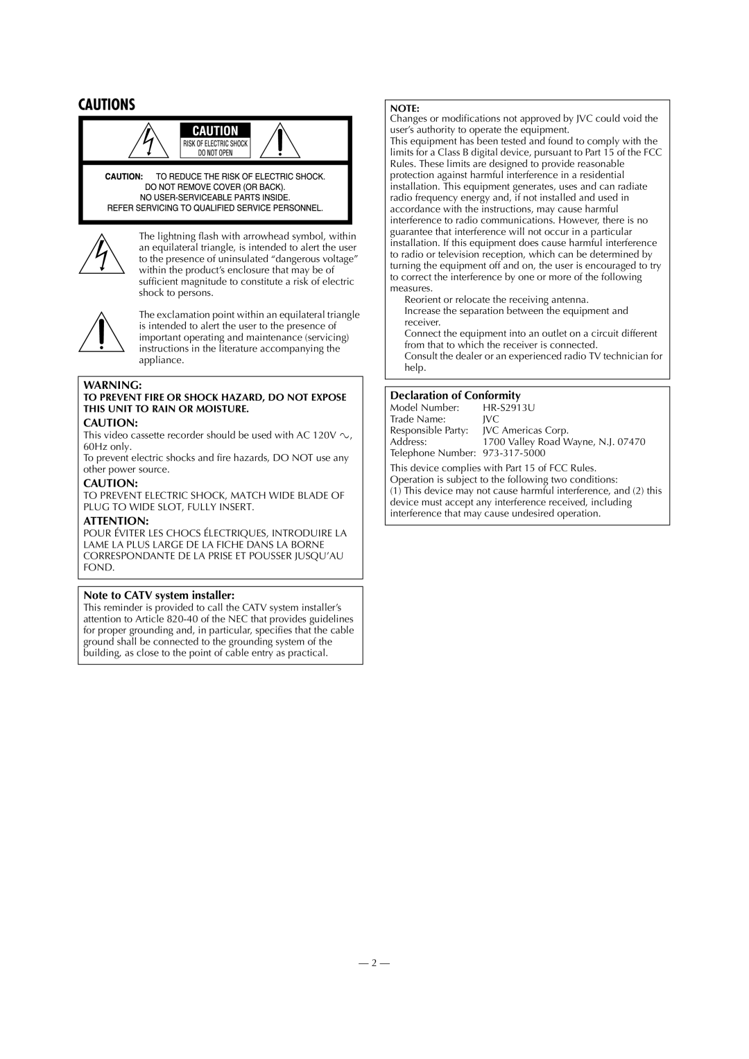 JVC HR-S2913U specifications Declaration of Conformity 