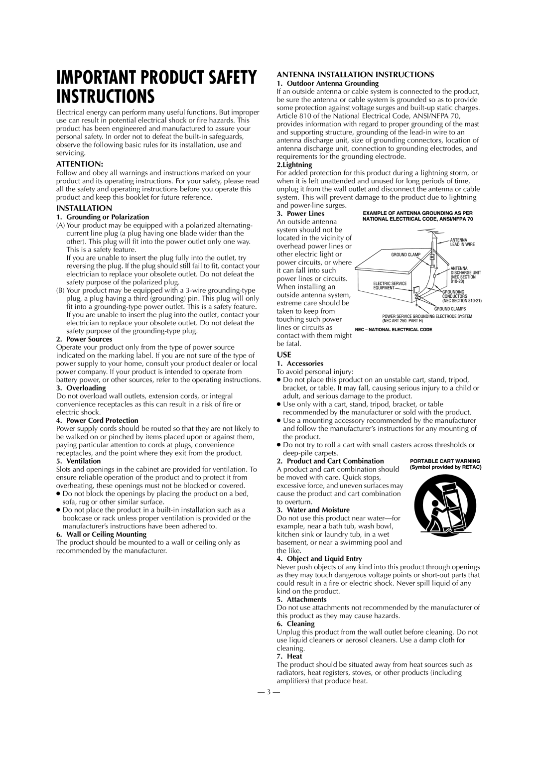 JVC HR-S2913U Grounding or Polarization, Power Sources, Overloading, Power Cord Protection, Ventilation, Lightning, Heat 