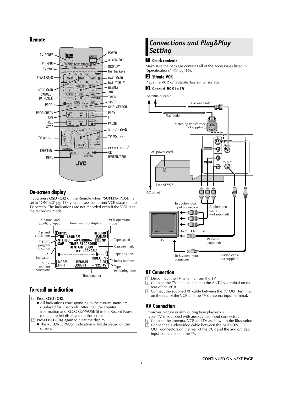 JVC HR-S2913U specifications Connections and Plug&Play Setting 