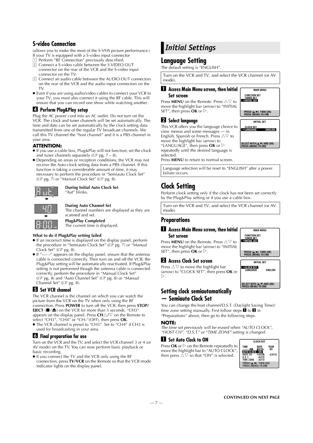 JVC HR-S2913U specifications Initial Settings, Language Setting, Clock Setting 