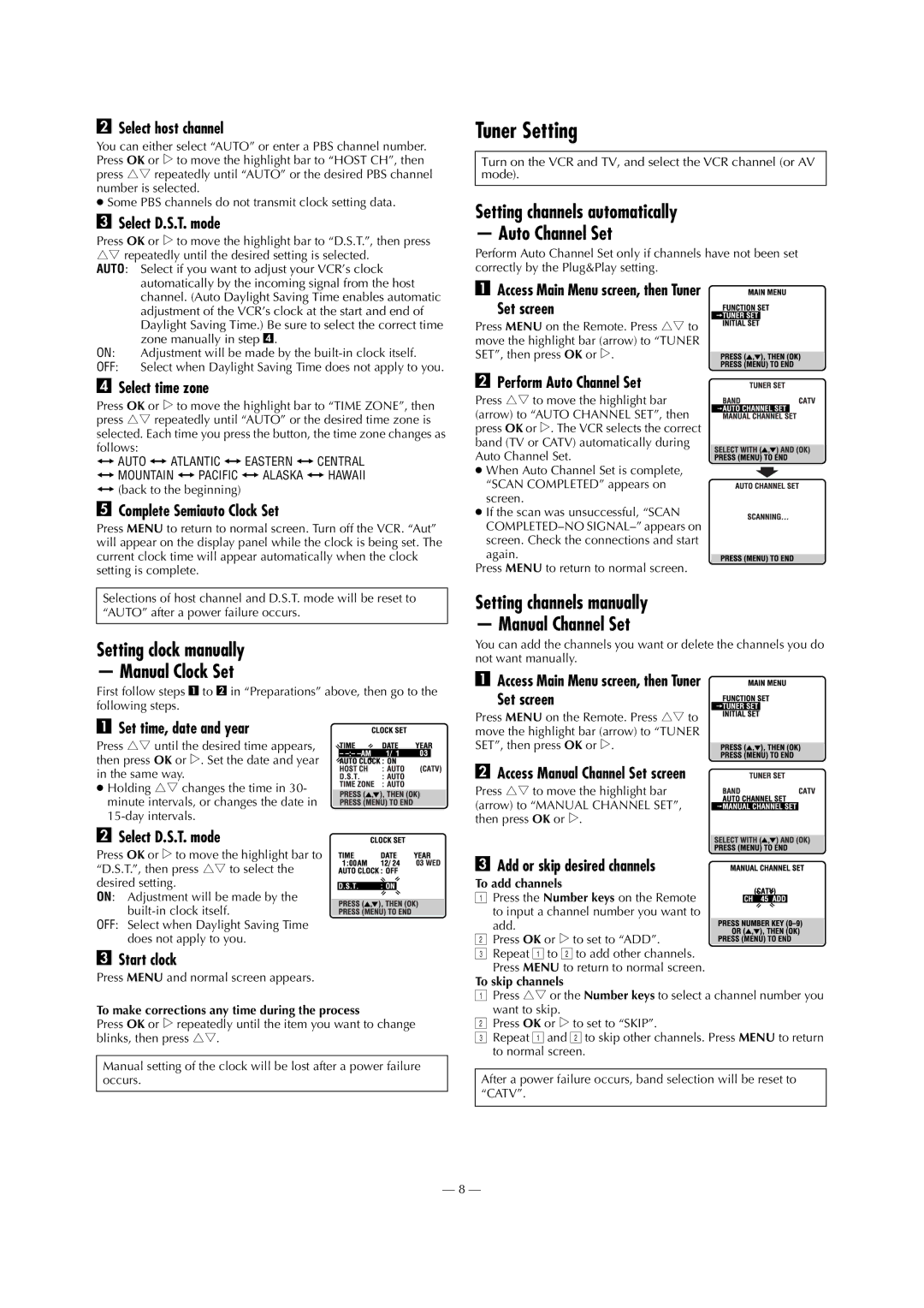 JVC HR-S2913U Tuner Setting, Setting clock manually Manual Clock Set, Setting channels automatically Auto Channel Set 