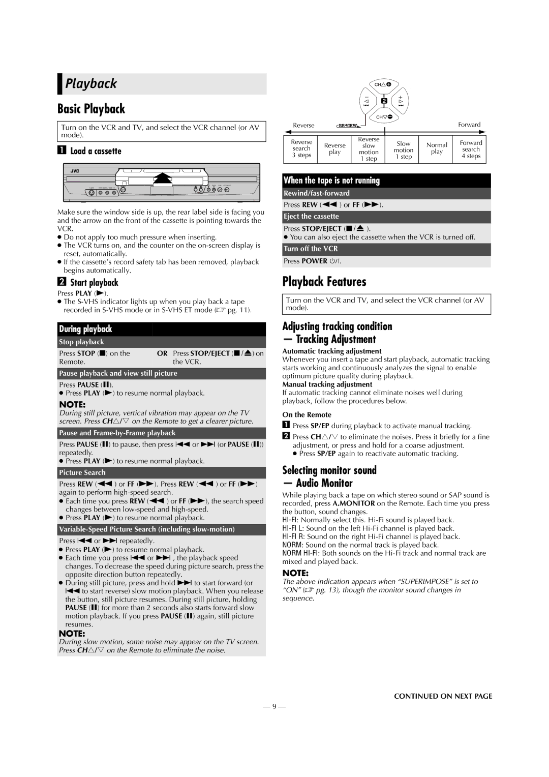 JVC HR-S2913U specifications Basic Playback, Playback Features, Adjusting tracking condition Tracking Adjustment 