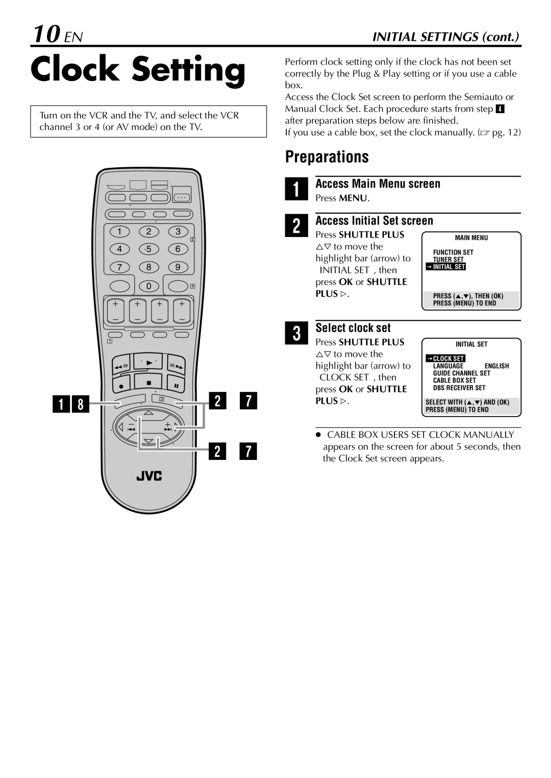 JVC HR-S29U manual Clock Setting, 10 EN, 1Preparations, Select clock set, Plus # 