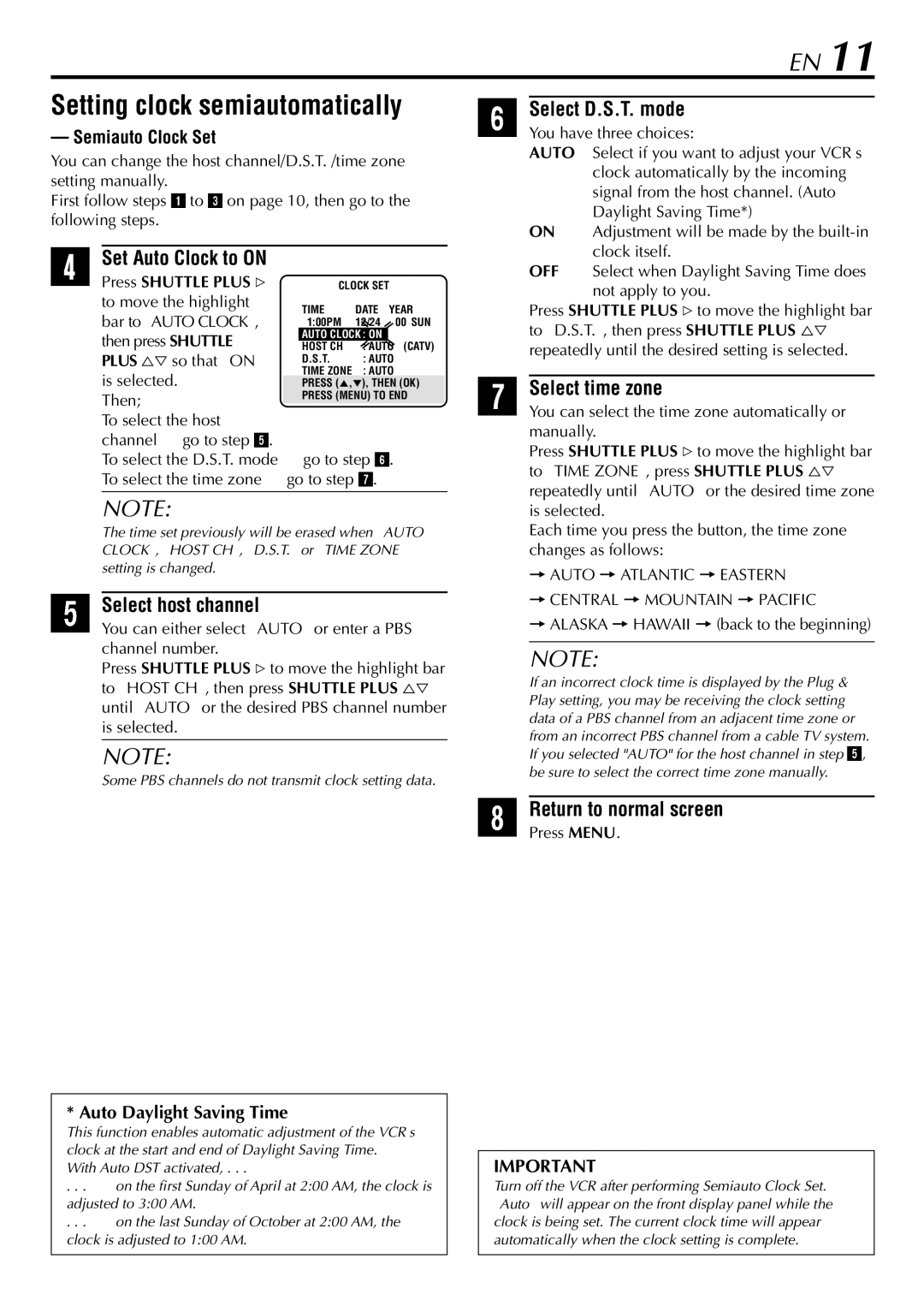 JVC HR-S29U manual Setting clock semiautomatically, Set Auto Clock to on, Select host channel, Select D.S.T. mode 