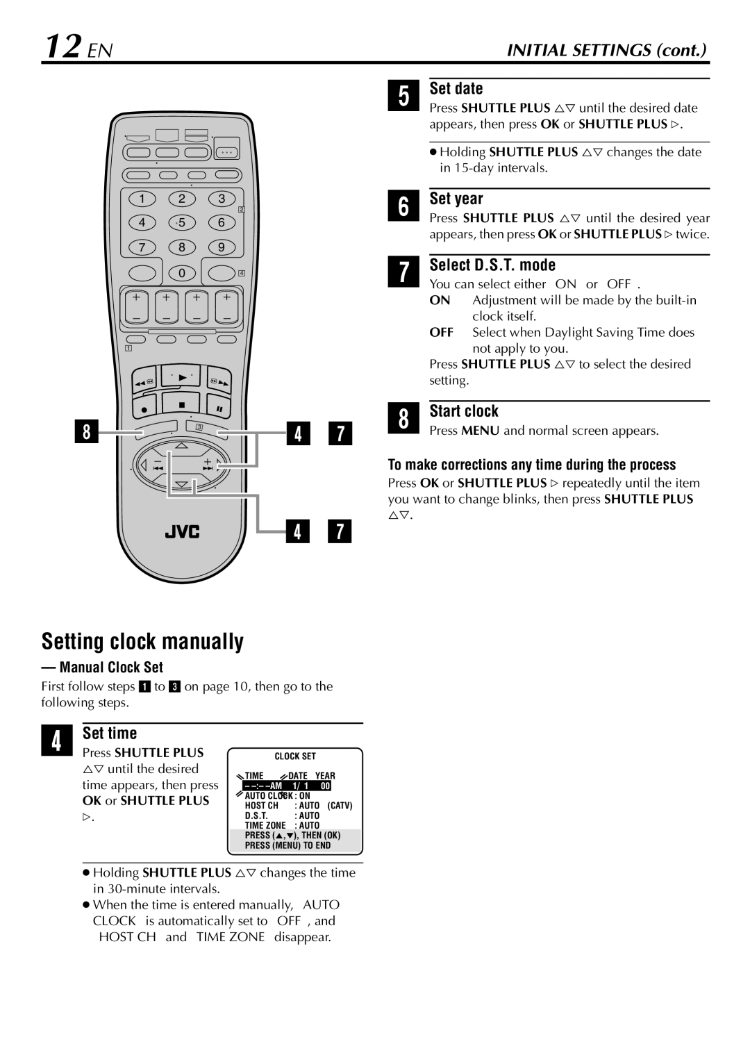 JVC HR-S29U 12 EN, Setting clock manually 