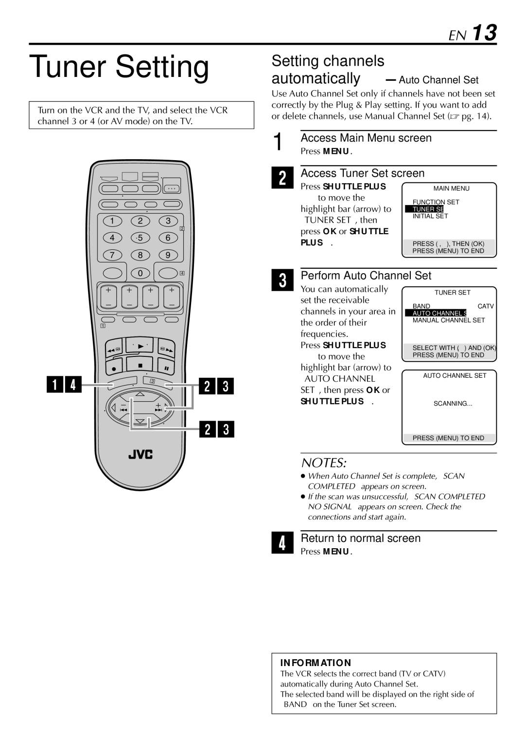 JVC HR-S29U manual Tuner Setting, Access Tuner Set screen, Perform Auto Channel Set, Automatically Auto Channel Set 