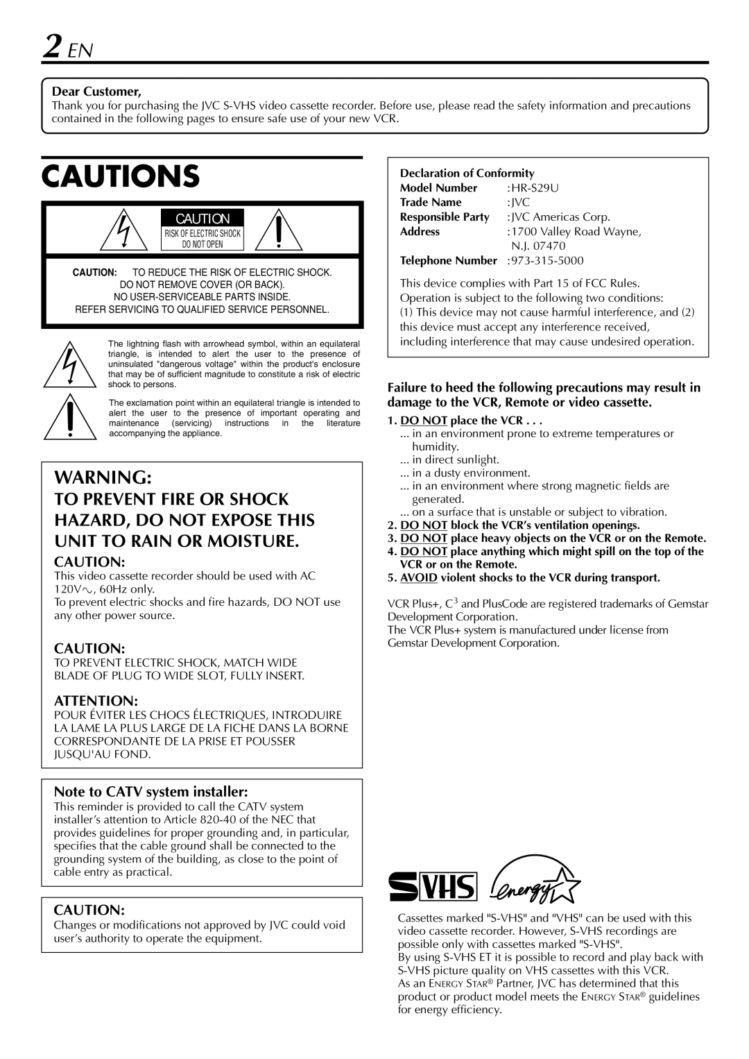 JVC HR-S29U manual Dear Customer, Telephone Number 