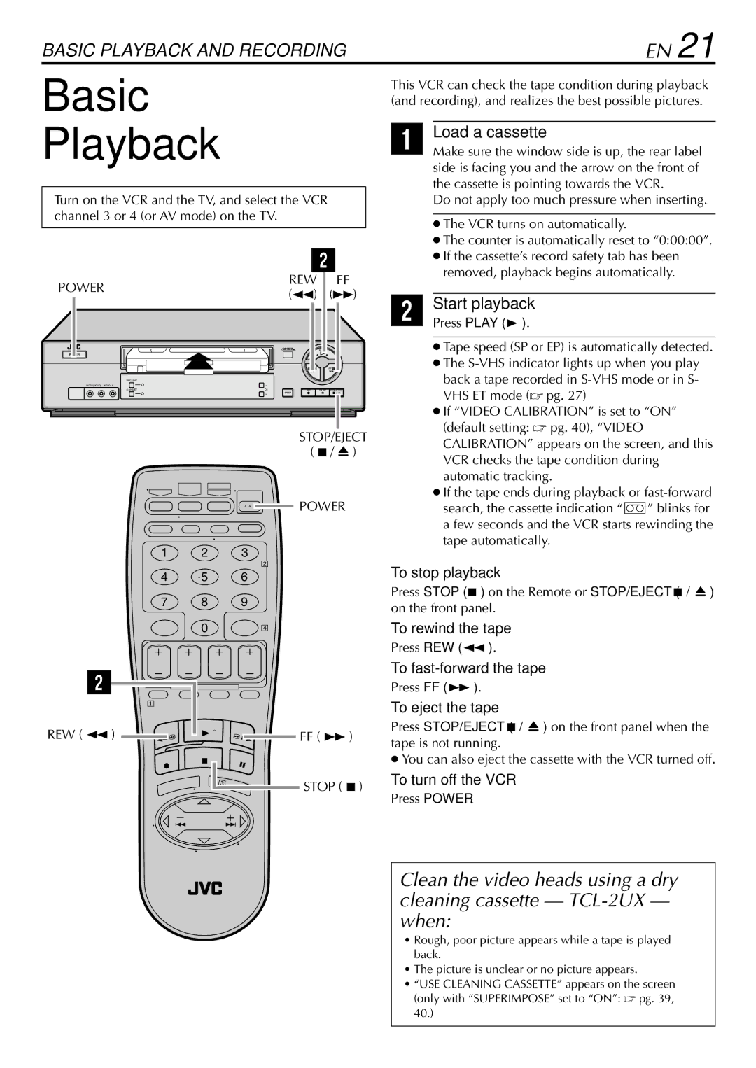 JVC HR-S29U manual Basic, Playback, Load a cassette, Start playback 