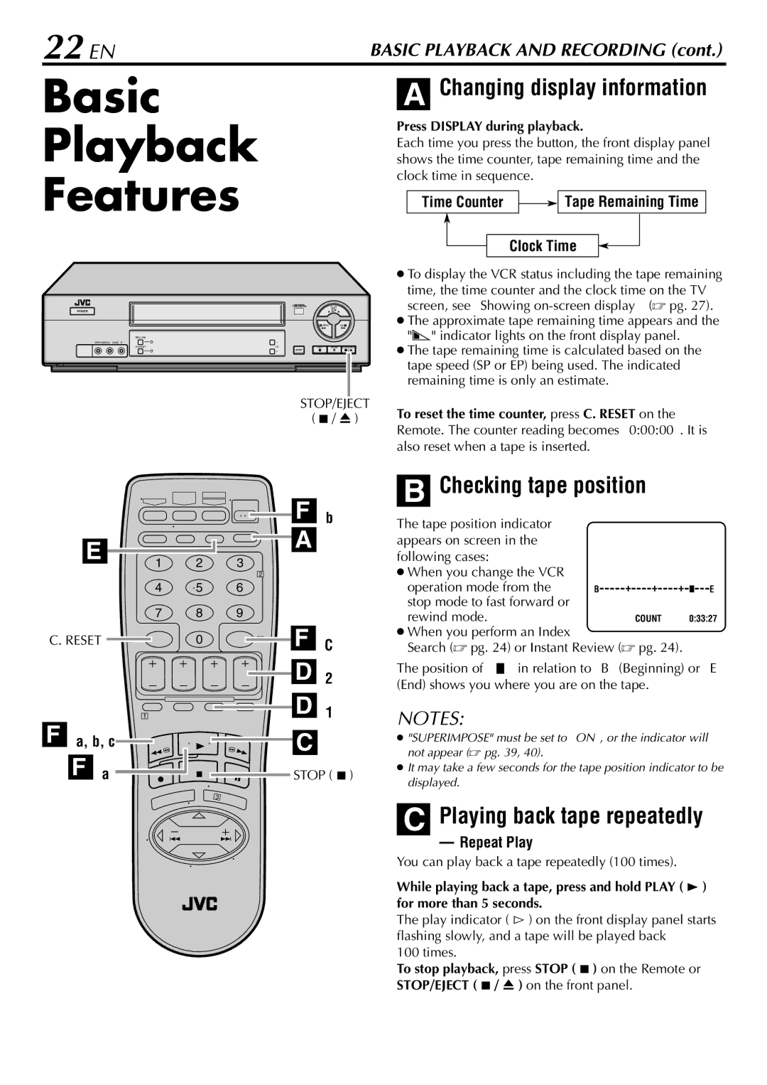 JVC HR-S29U manual Basic Playback Features, 22 EN, Changing display information, Checking tape position 