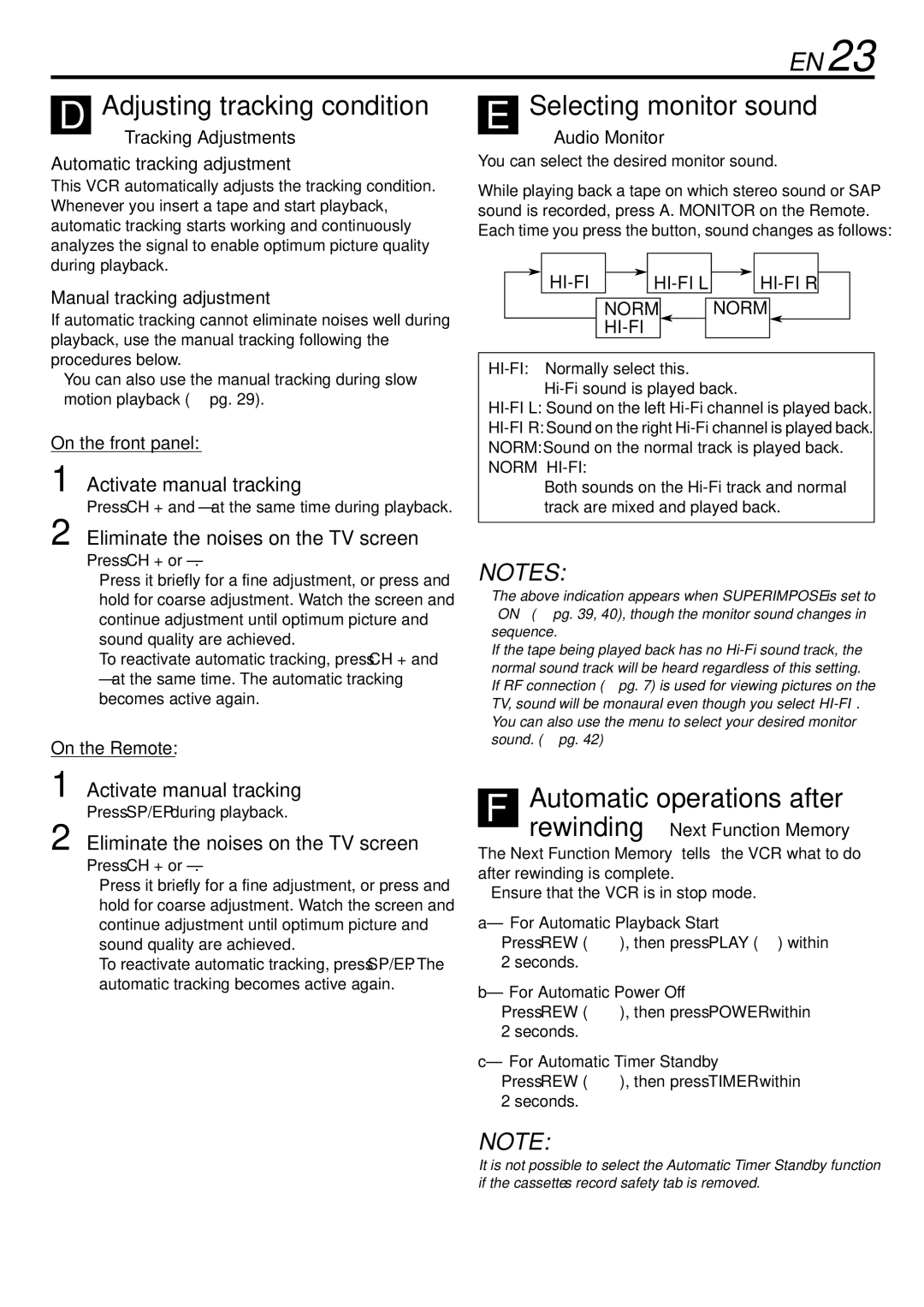 JVC HR-S29U Adjusting tracking condition, Selecting monitor sound, Automatic operations after, Activate manual tracking 