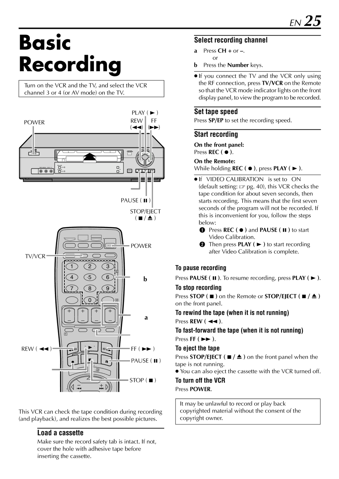 JVC HR-S29U manual Basic Recording, Select recording channel, Set tape speed, Start recording 