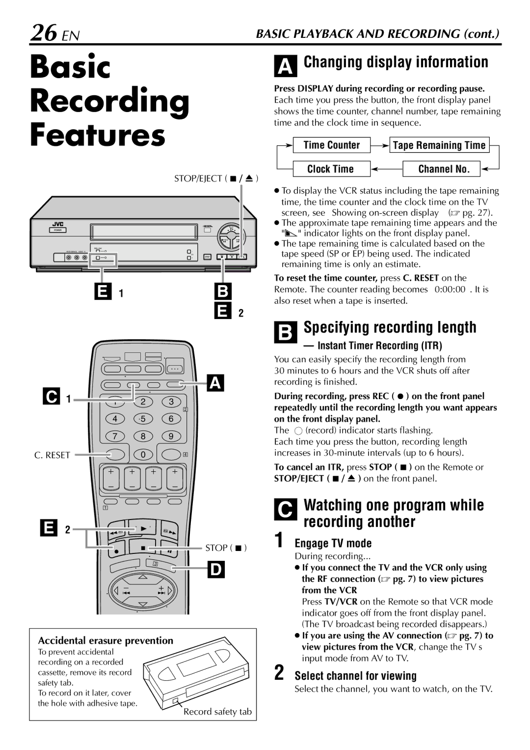 JVC HR-S29U Basic Recording Features, 26 EN, Specifying recording length, Watching one program while, Recording another 