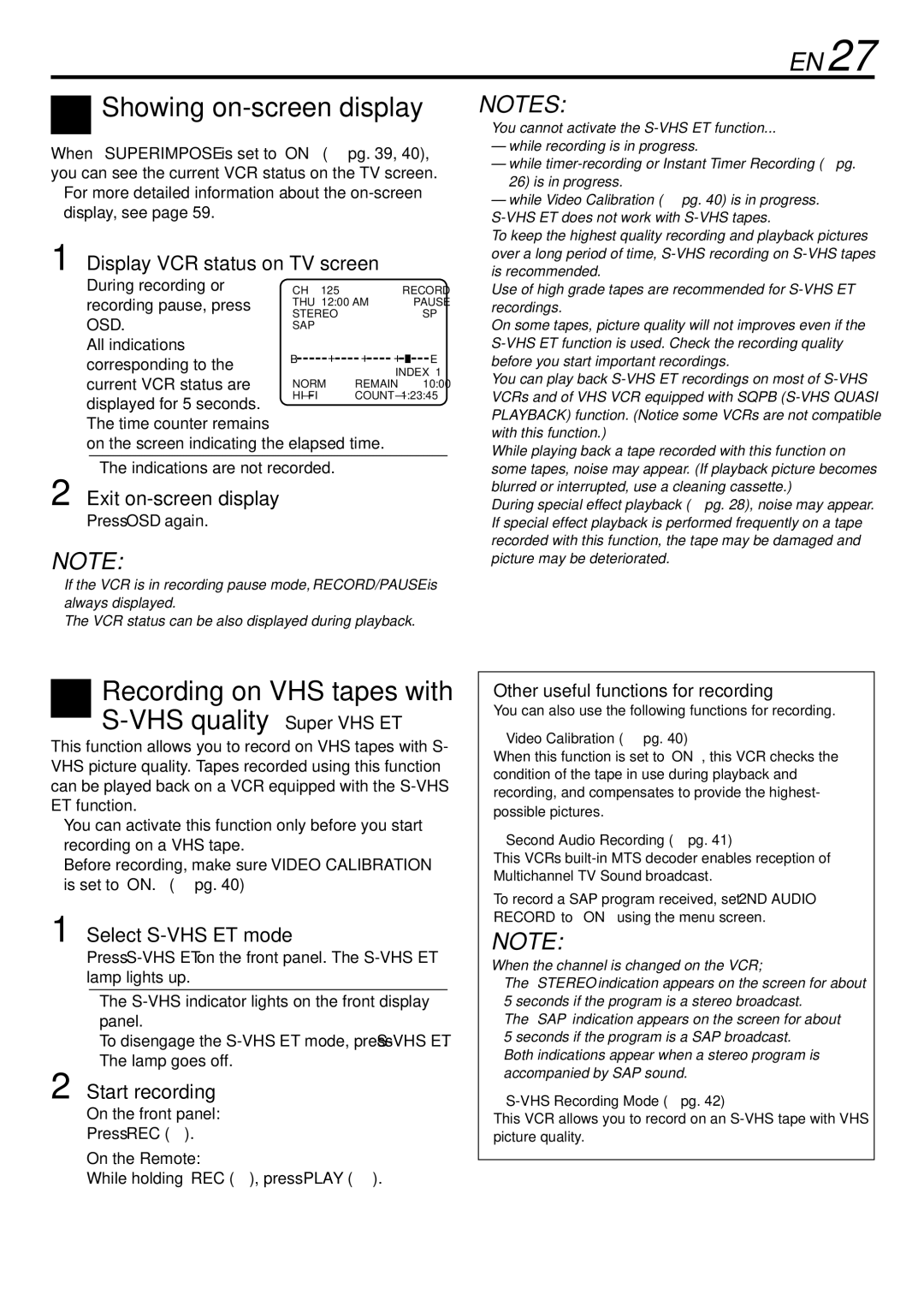 JVC HR-S29U manual Showing on-screen display, Display VCR status on TV screen, Exit on-screen display, Select S-VHS ET mode 