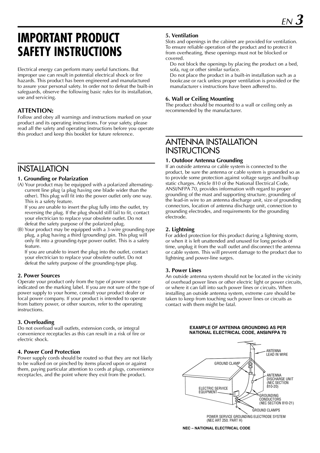 JVC HR-S29U Grounding or Polarization, Power Sources, Ventilation, Wall or Ceiling Mounting, Outdoor Antenna Grounding 