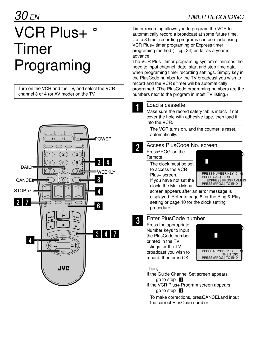 JVC HR-S29U manual VCR Plus+ Timer Programing, 30 EN, Access PlusCode No. screen, Enter PlusCode number 