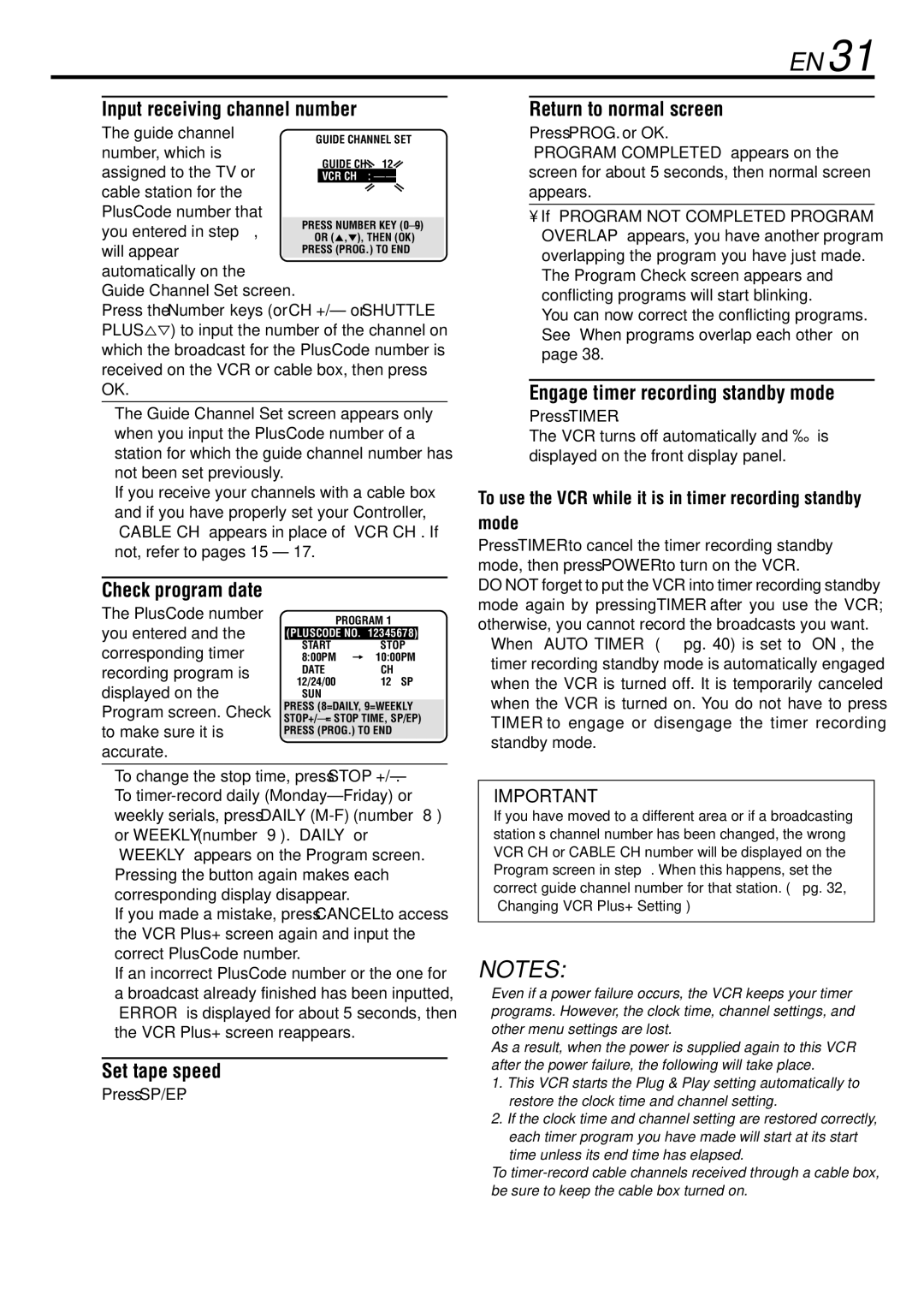 JVC HR-S29U manual Input receiving channel number, Engage timer recording standby mode, Check program date, Press SP/EP 