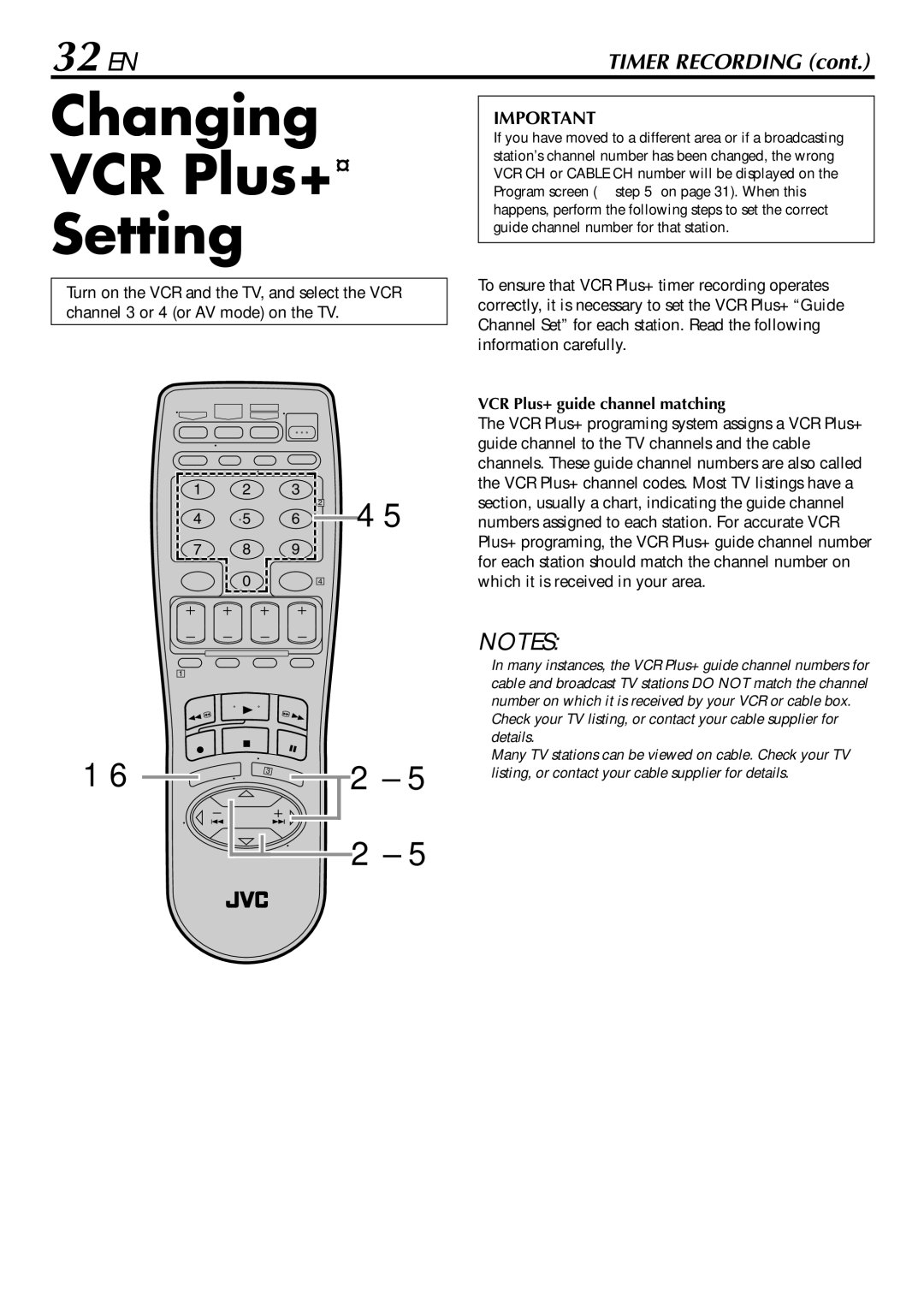 JVC HR-S29U manual Changing VCR Plus+, 32 EN, VCR Plus+ guide channel matching 