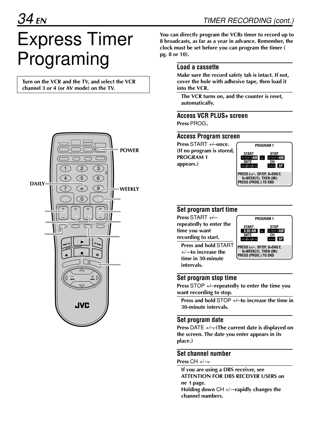 JVC HR-S29U manual Express Timer Programing, 34 EN 