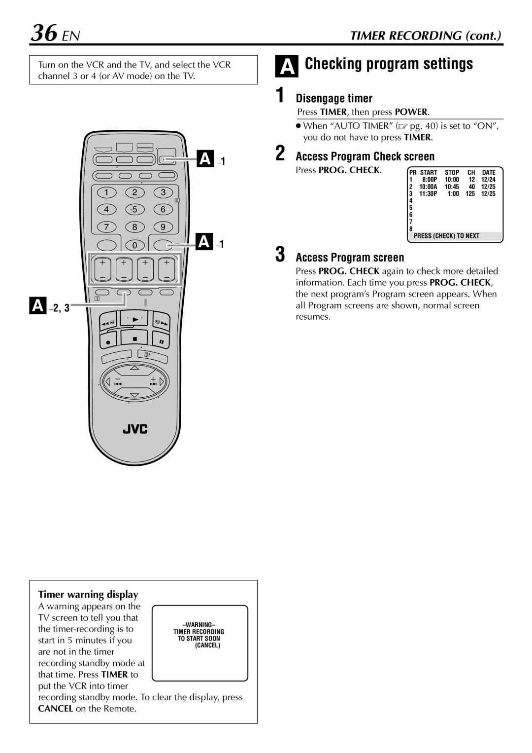 JVC HR-S29U manual 36 EN, Checking program settings, Disengage timer, Access Program Check screen, Timer warning display 