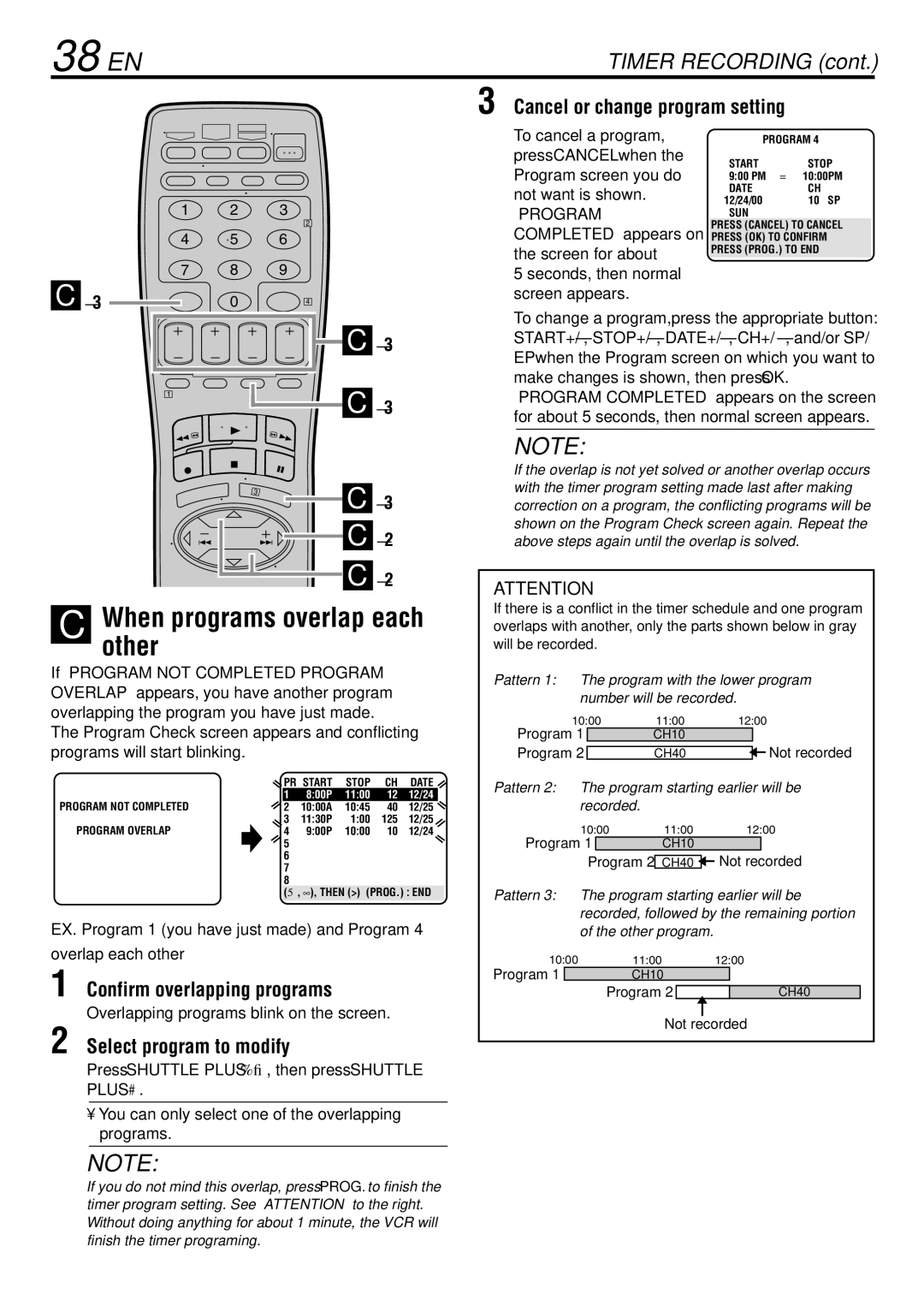 JVC HR-S29U manual 38 EN, Confirm overlapping programs, Select program to modify, Overlapping programs blink on the screen 