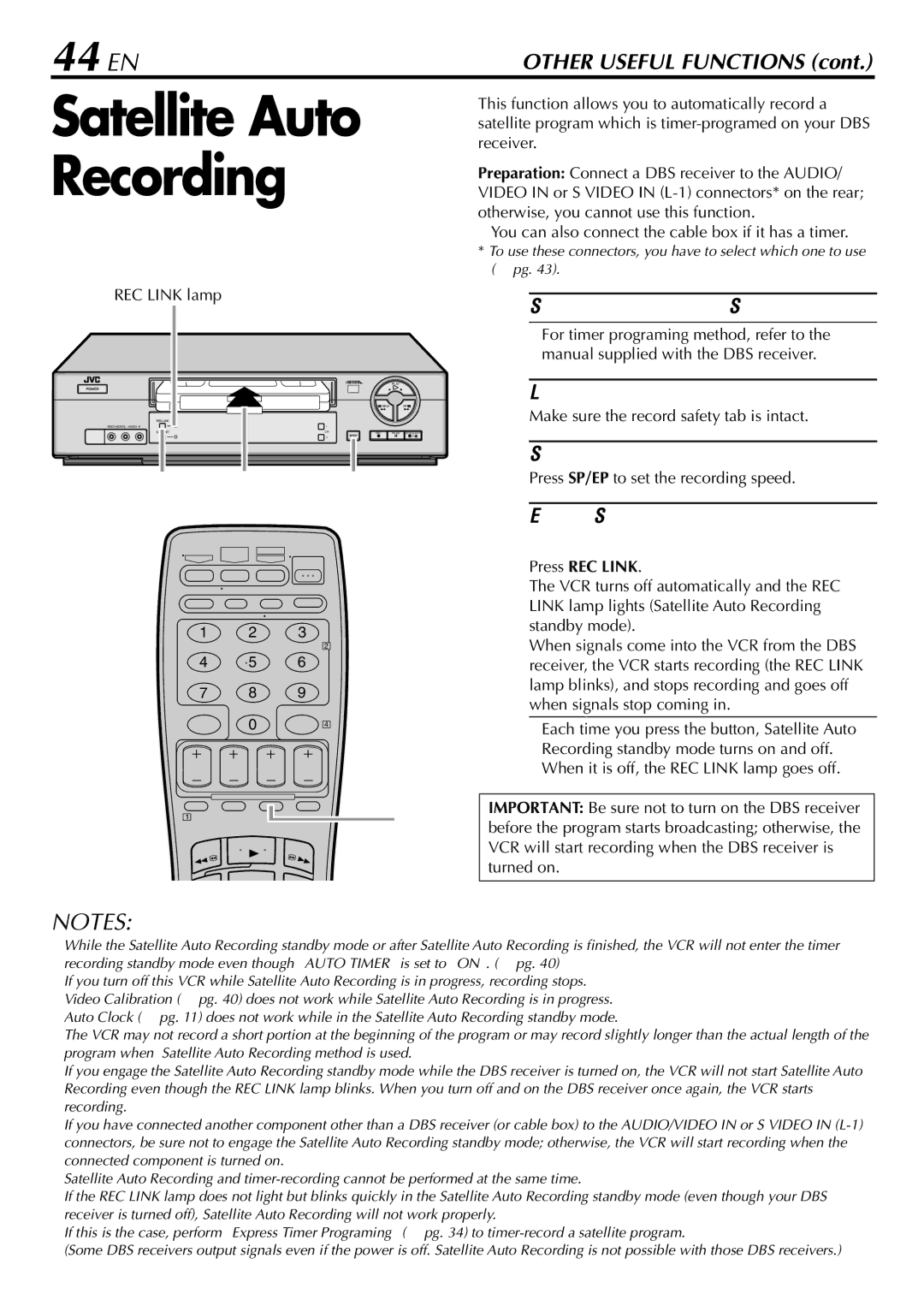 JVC HR-S29U manual 44 EN, Set timer program on DBS receiver, Engage Satellite Auto Recording standby mode, Press REC Link 