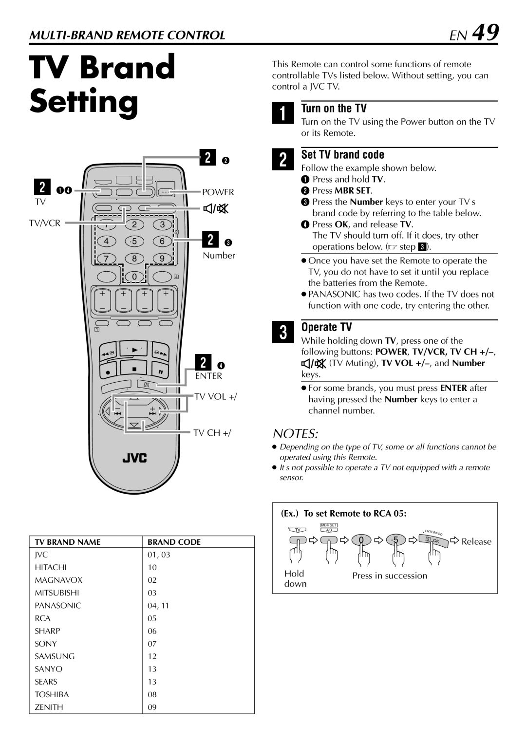 JVC HR-S29U manual TV Brand Setting, Turn on the TV, Set TV brand code, Operate TV, Ex. To set Remote to RCA 