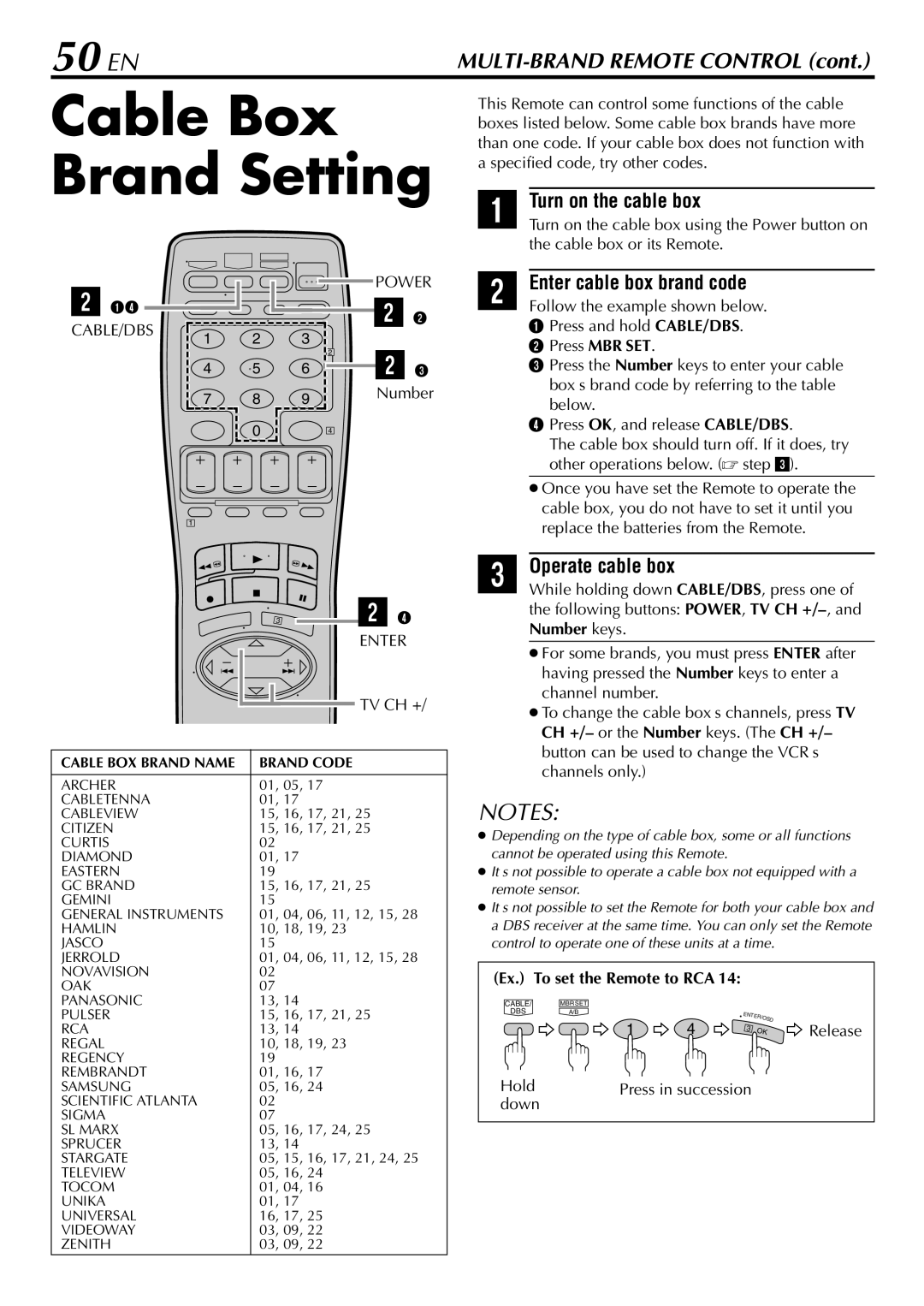 JVC HR-S29U manual Cable Box Brand Setting, 50 EN, Turn on the cable box, Enter cable box brand code, Operate cable box 