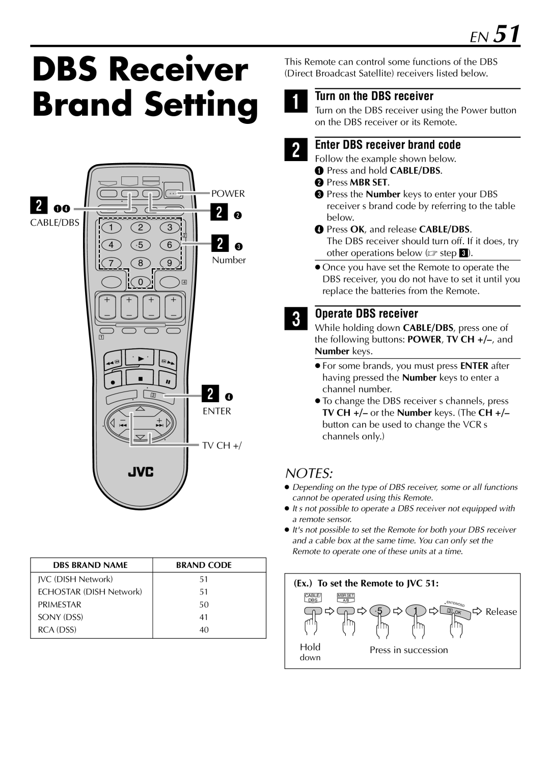 JVC HR-S29U DBS Receiver Brand Setting, Turn on the DBS receiver, Enter DBS receiver brand code, Operate DBS receiver 