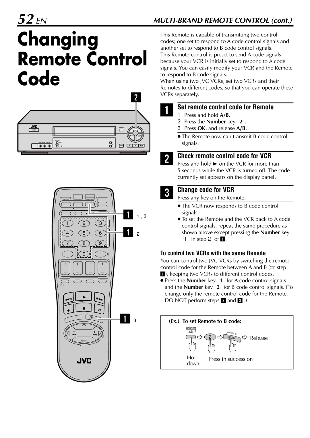 JVC HR-S29U manual Changing Remote Control Code, 52 EN, Check remote control code for VCR, Change code for VCR 