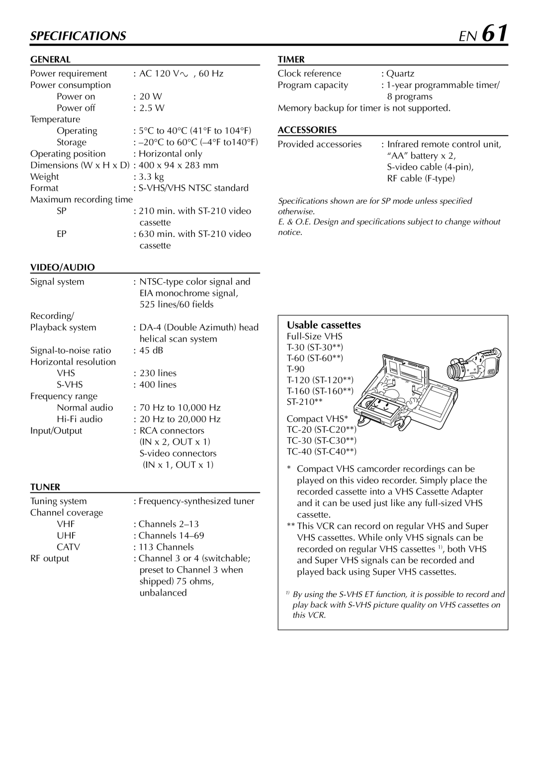 JVC HR-S29U manual Usable cassettes 