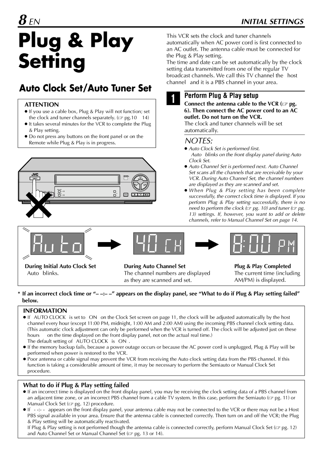 JVC HR-S29U manual Plug & Play Setting, Perform Plug & Play setup, What to do if Plug & Play setting failed 