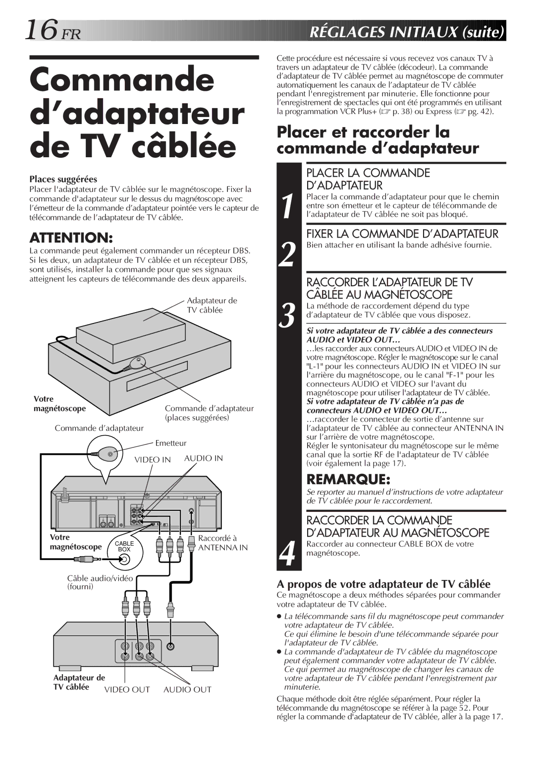 JVC HR-S3500U manual Commande d’adaptateur de TV câblée, Placer et raccorder la commande d’adaptateur, Video OUT Audio OUT 