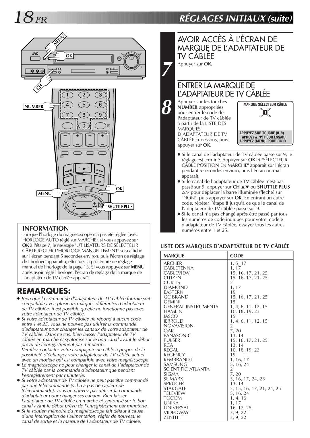 JVC HR-S3500U manual Réglages Initiaux suite, Entrer LA Marque DE, ’ADAPTATEUR DE TV Câblée, Dadaptateur DE TV, Marque Code 